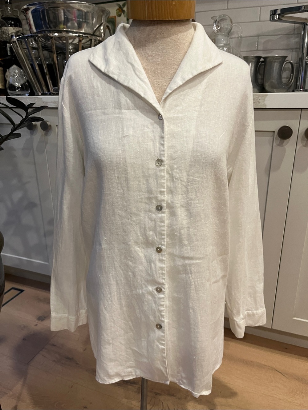 White Irish Linen Button-Front long roll tab sleeve Ecologie Shirt